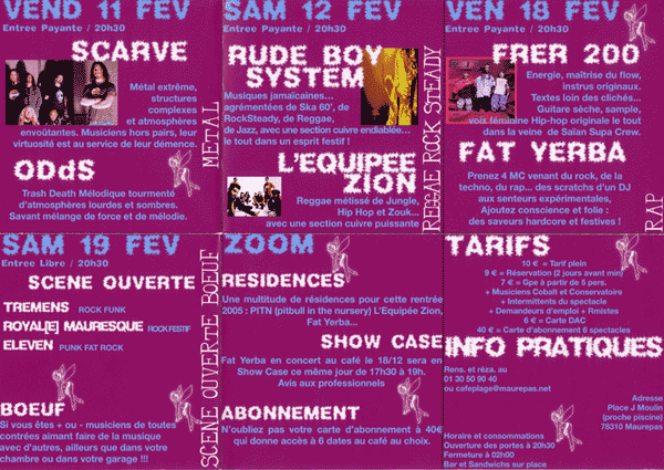 programme du café de la plage à maurepas de Février 2005